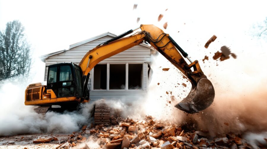 A yellow excavator tears down a structure, surrounded by clouds of dust, illustrating the dynamic nature of demolition and reconstruction projects in urban settings.